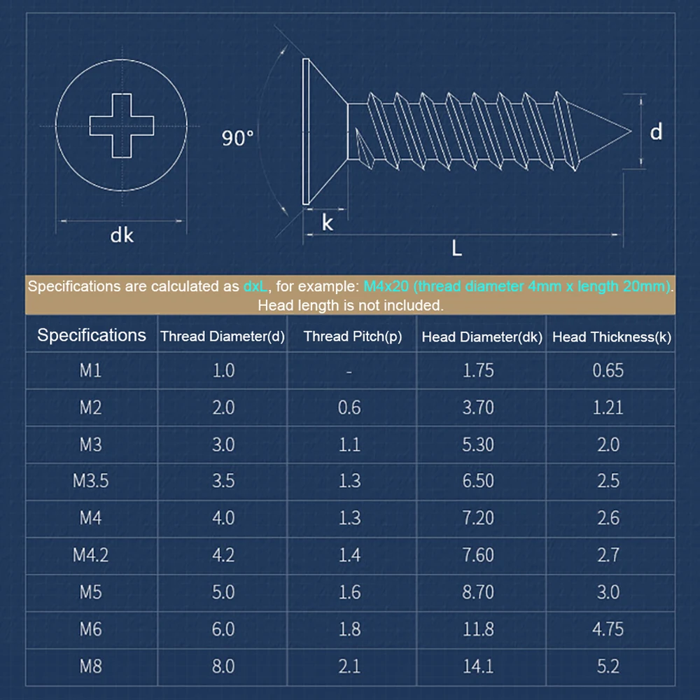 

304 Stainless Steel Tapping Cross Wood Screws Countersunk Recessed Flat Head Self-tapping Phillips Furniture Screw M3 to M8