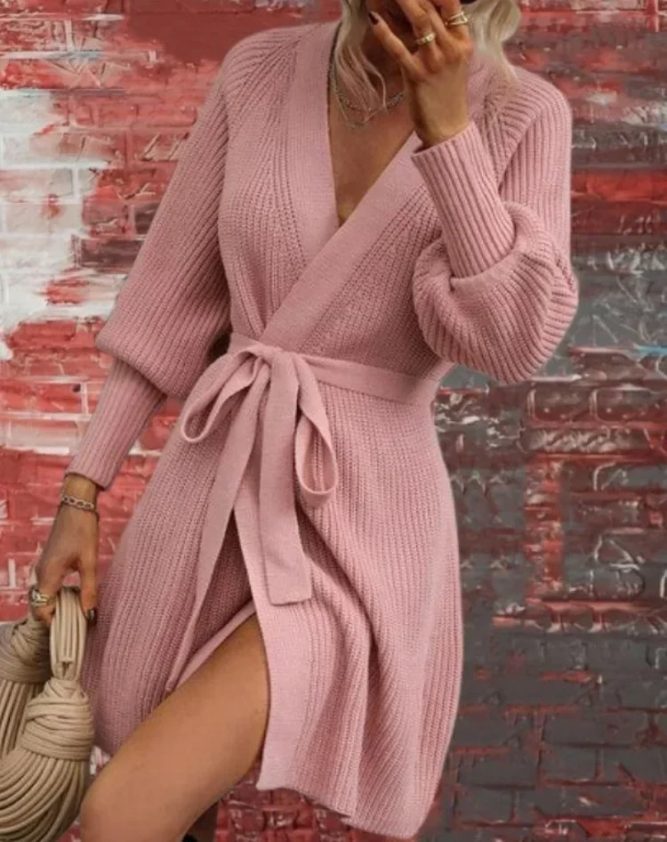 

V-neck Long Knit Sweater Women Cross Dress Lace Up 2025 Autumn Winter Sexy Dresses Vestido Streetwear Jumper Cardigan Bandage