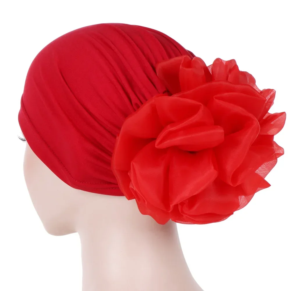 Helisopus Women Muslim Solid Color Turban Big Flower Design Headband Ladies Elastic Headwear Hair Loss Cover Accessories