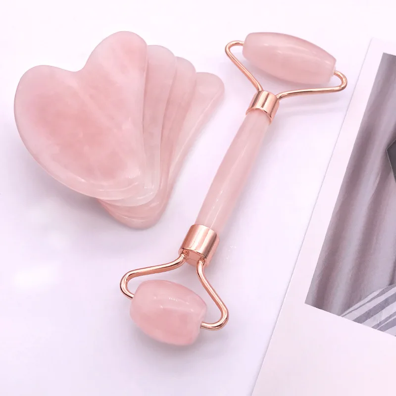 Rose Quartz Powder Crystal Jade Roller Massage Spa Pink Face Massagers Gua Sha Natural Stone Guasha Beauty Tool Facial Lift Up