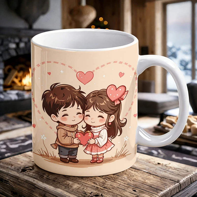 

1pcs Cute Q-version couple heart-holding ceramic cup with handle, creative coffee cup, milk cup, office tea cup, drinking cup