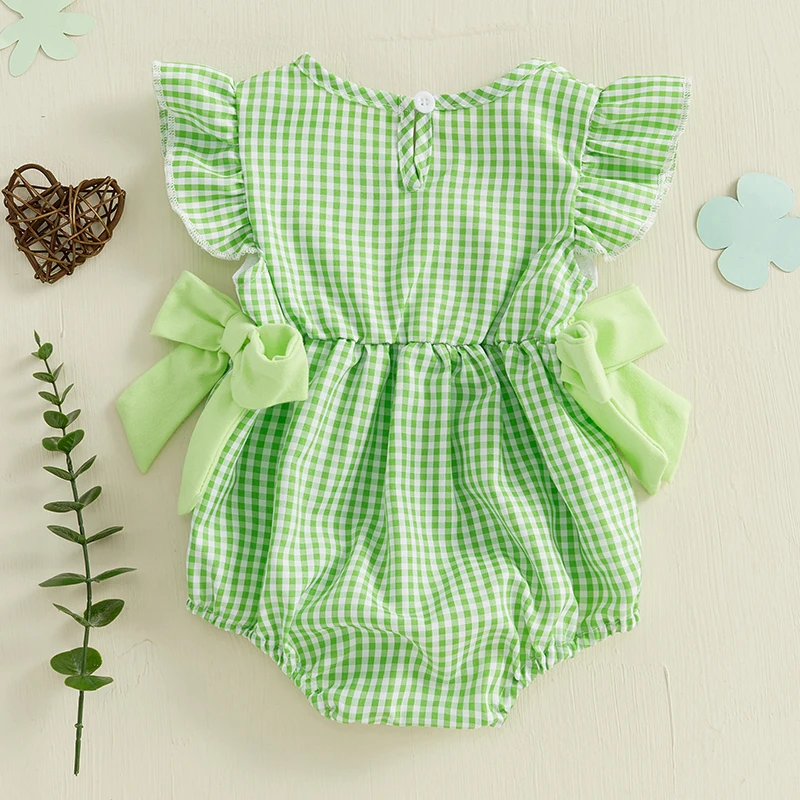 Baby meisje Ierse dag romper casual geruite print klaver borduurwerk zomer jumpsuit voor pasgeboren peuter schattige kleding