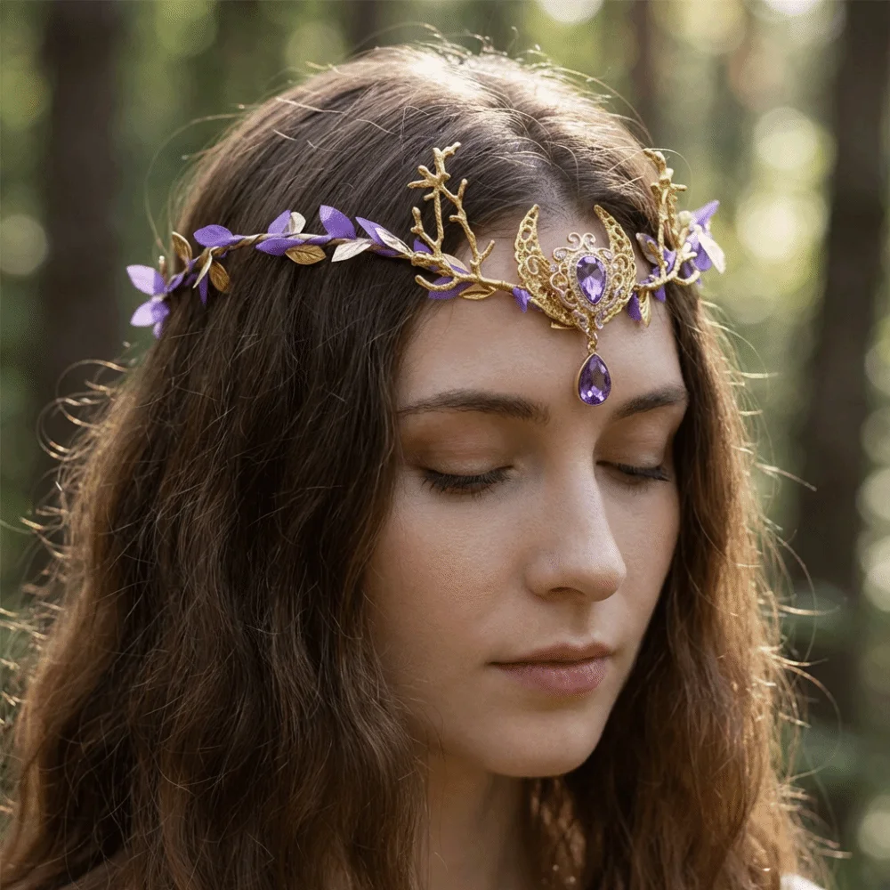 Photoshoot Vine Elven Crown Fantasy Rhinestone Decorated Elf Tiara Diadem Simulate Tree Leaves Fairy Headpiece Gothic Style