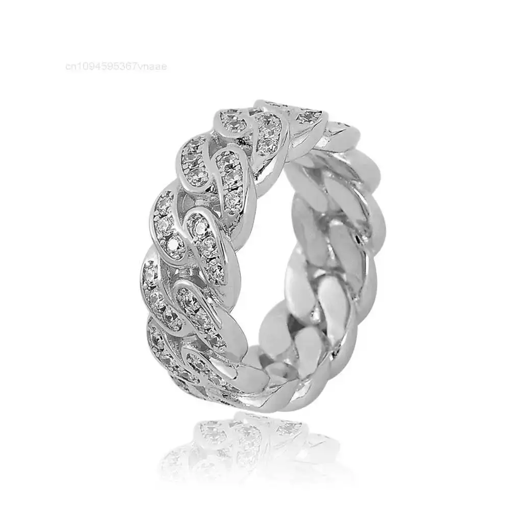 

NUOYA Men's White Gold Plated 925 Sterling Silver Hip Hop Iced Out Moissanite Cuban Link Ring for Wedding and Party Fine Jewelry