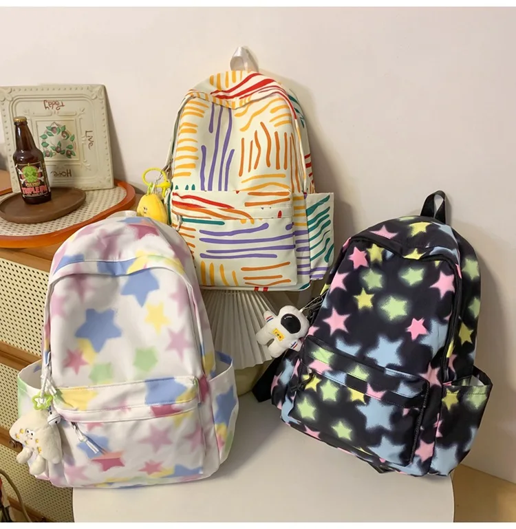 حقيبة مدرسية للطالبات الجامعيات في المدرسة الثانوية في الحرم الجامعي، حقيبة كتف مخططة بألوان قوس قزح #1