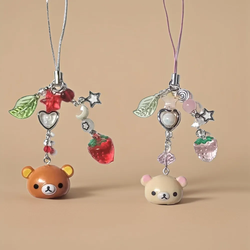 Kawaii Rilakkuma Cartoon Bear Bell Phone Chain with Strawberry Bead Keychain Cute Ccd Pendant for Girls Birthday Gift image 2