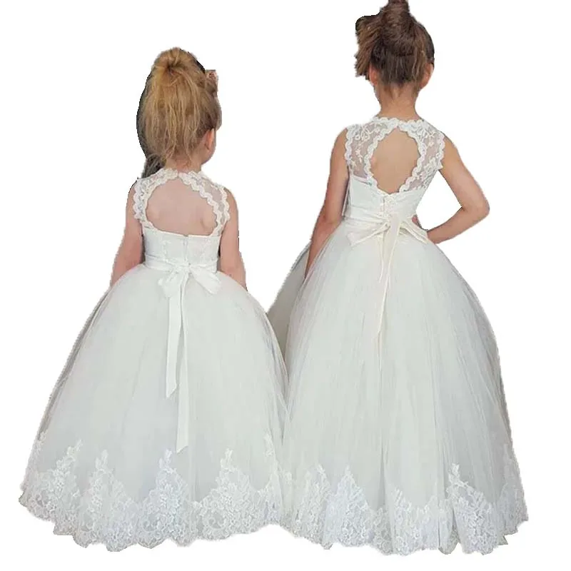 Vestido de niña de flores marfil/blanco para boda, vestido de primera comunión de tul con encaje y fajas con cuentas, Vestidos de novia personalizados