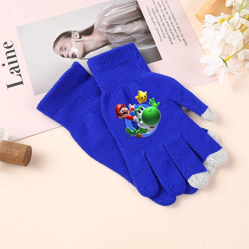 Sarung tangan rajut musim dingin Super Marios Bros sarung tangan jari rajut gambar Anime Aksesori Tangan hangat perjalanan luar ruangan hadiah anak-anak layar sentuh