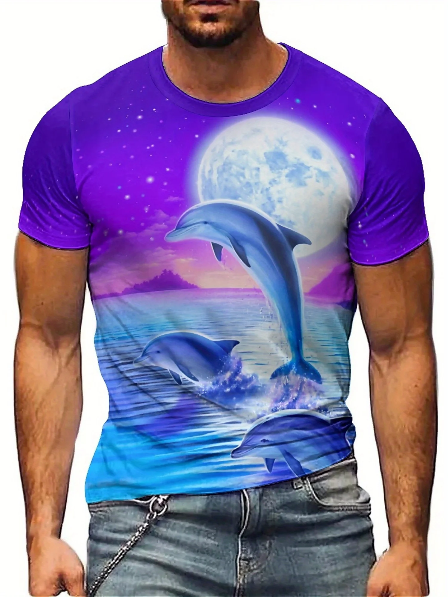 3D Dolphin Print T-Shirt | Unisex Polyester Tee with Moonlit Ocean Design | Vibrant Purple & Blue | Round Neck, Short Sleeve