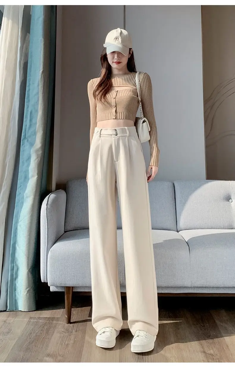 Brown Woolen High-end Suit Pants for Women in Autumn and Winter 2023 New Narrow Version Straight Wide-leg Pants with Drape