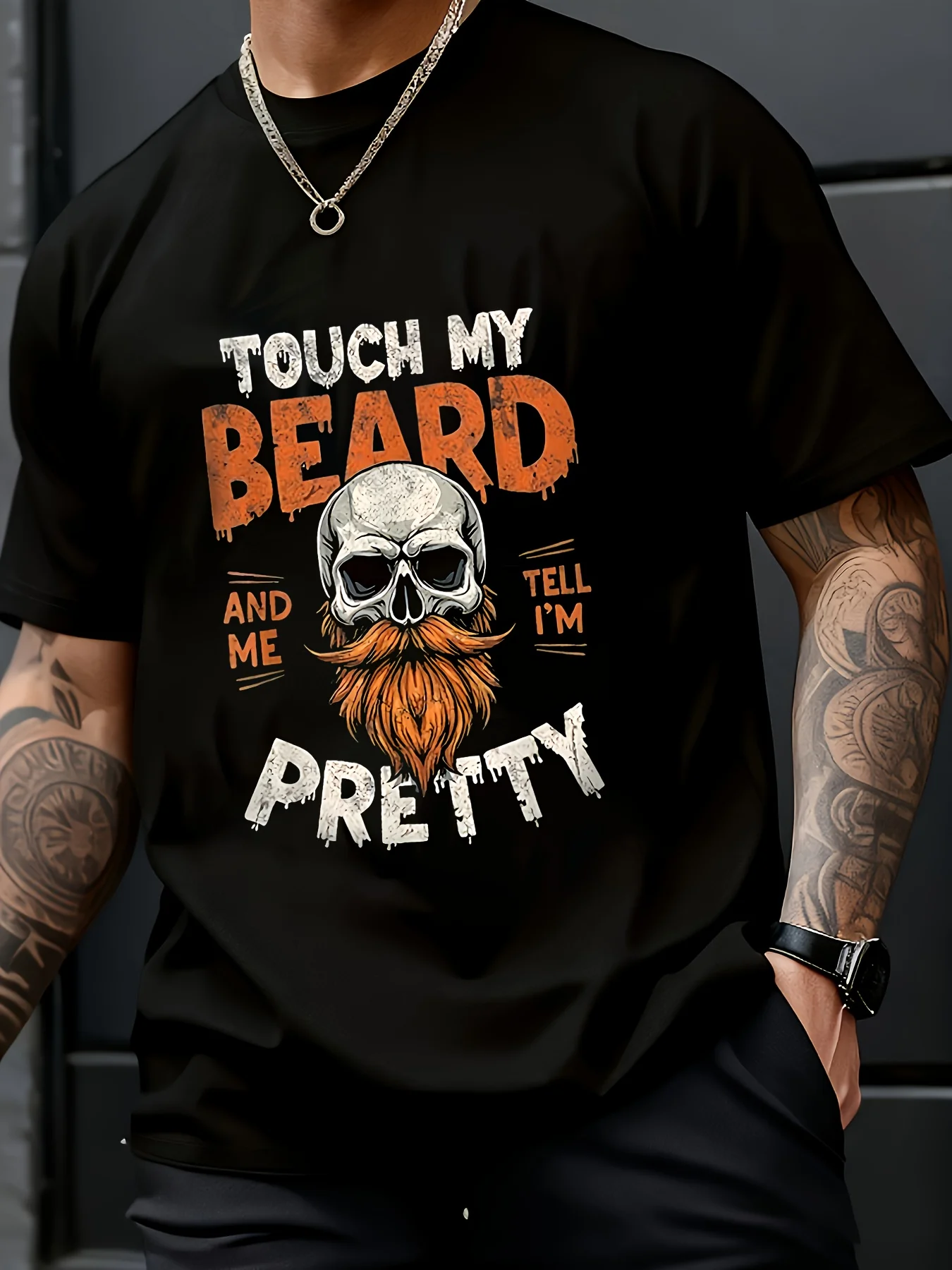 1 Beard Skull Pattern T-shirt - Soft, Men's Round Neck Short Sleeve - Casual Streetwear with Bold Orange and White Prints, Suita