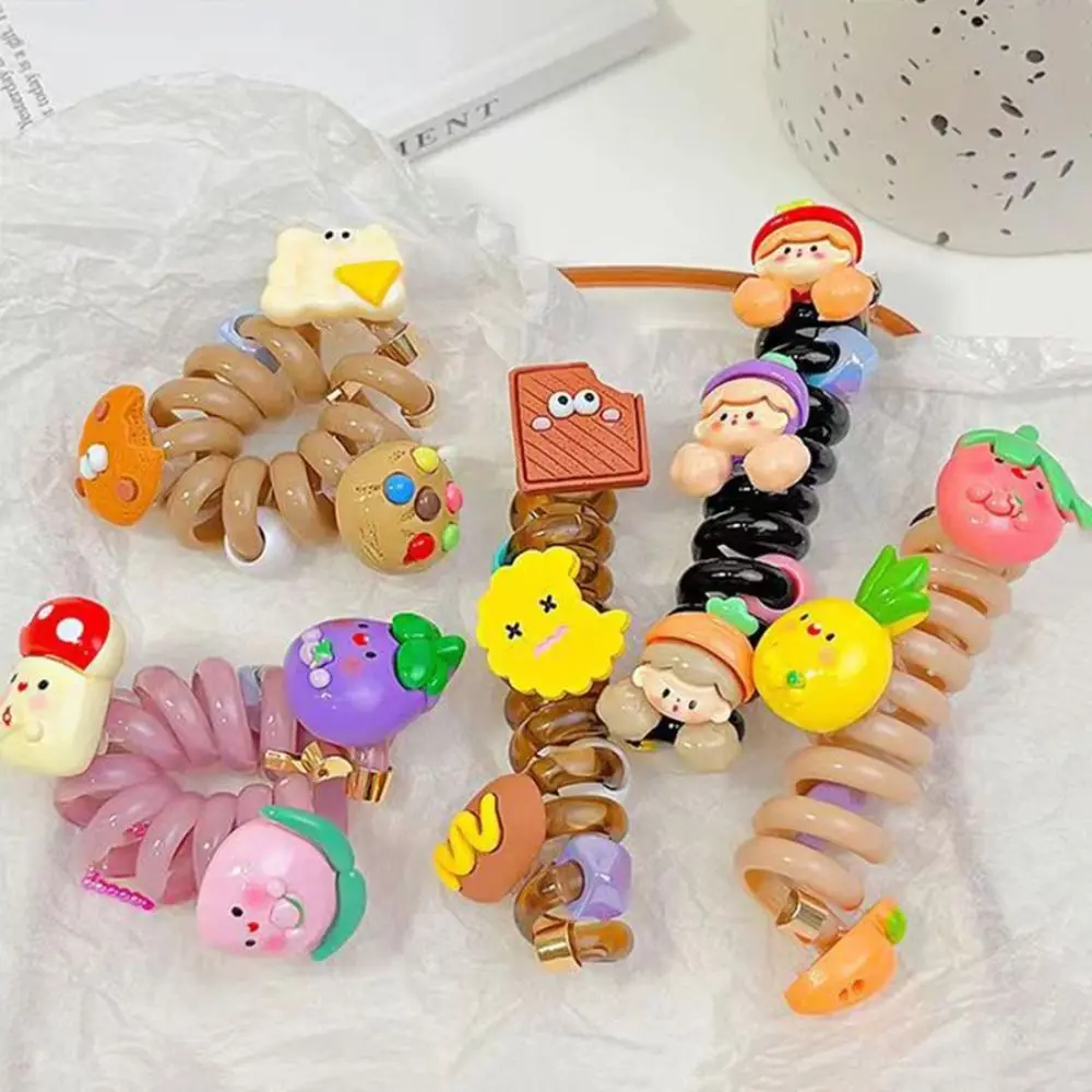 女性のためのかわいい漫画電話ラインヘアバンド、スパイラルコイルゴム、電話ラインヘアループ、高弾性バンド