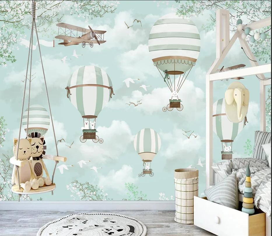 

Customized cartoon photo wallpaper children's room decoration wallpaper cartoon hot air balloon airplane 3d wallpaper