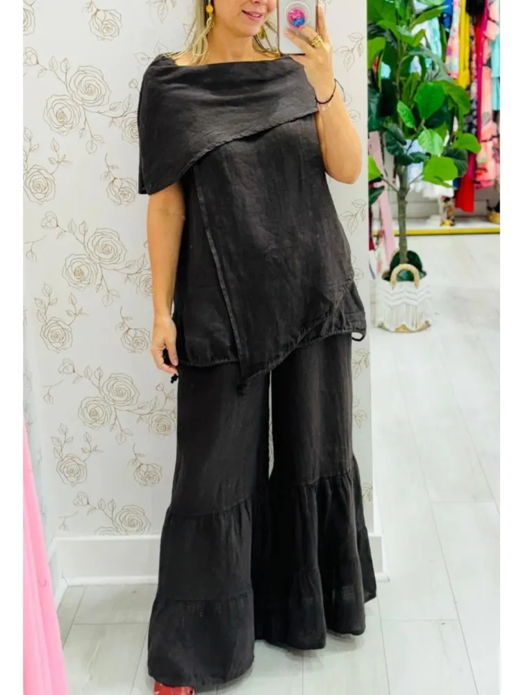 Moda feminina confortável casual solto terno primavera e outono elegante em torno do pescoço superior calças de deslocamento de perna larga conjunto de duas peças