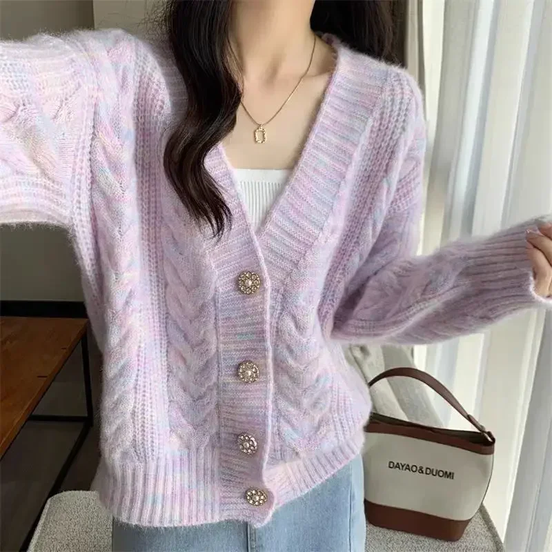 V คอถักเสื้อสเวตเตอร์ถักผู้หญิงฤดูใบไม้ร่วงฤดูหนาวหลวมเสื้อแขนยาว Office Lady All-Match เสื้อถัก Tops