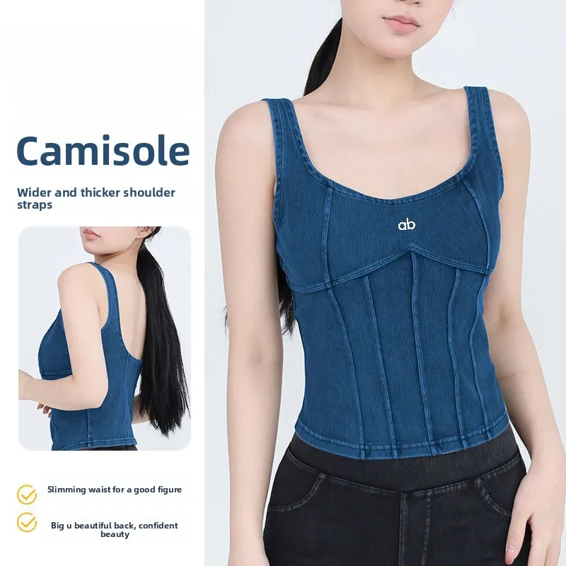 Women New Denim Yoga Sports Vest U‑Shaped Back With Built‑In Bra Pad Elastic Slim Fitness Crop Top For Outdoor Workout Wear