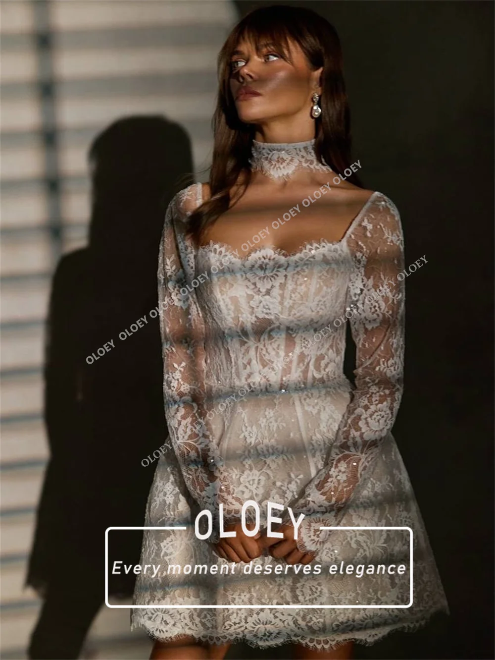 OLOEY Luxury Lace Short Wedding Dresses Long Sleeves Mini Squined Bridal Gowns 2026 Robe De Mariée Customized Lace-up Back