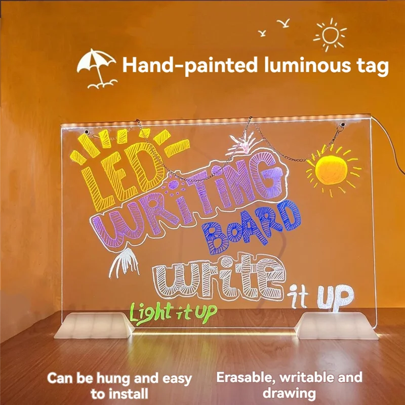 Papan Catatan Akrilik LED 7 Warna ABRJ-Can Be Hung, Dapat Digantung, Dapat Dihapus, Dilengkapi Stand, Daya USB, Dapat Ditulis Ulang, Lampu Malam