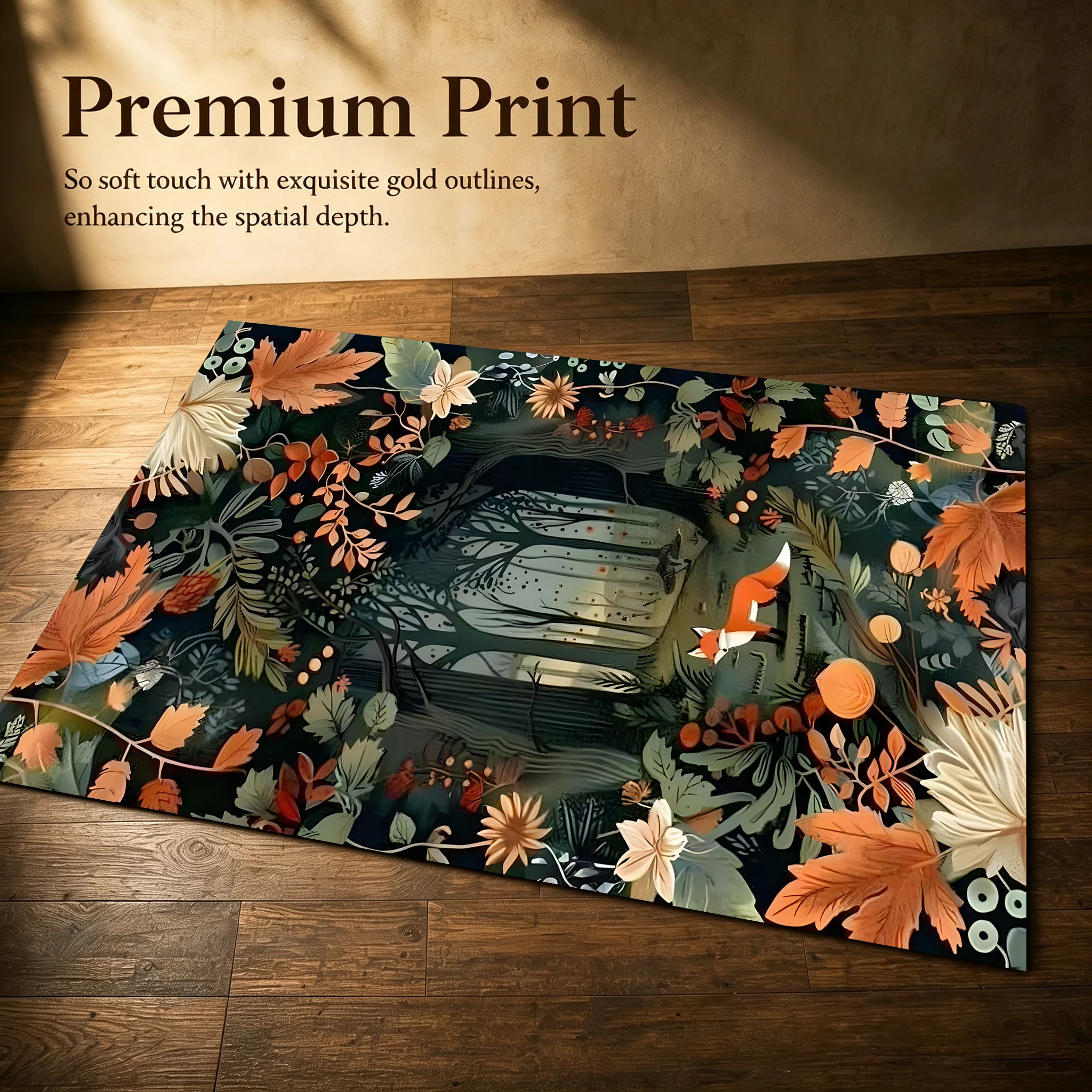 This Autumn-Themed Velvet Rug Features a Pattern of Maple Trees, Foxes, and Fruits, Perfect for the Living Room, Bedroom, or Bedside, Creating a Warm and Cozy Autumn Harvest Atmosphere