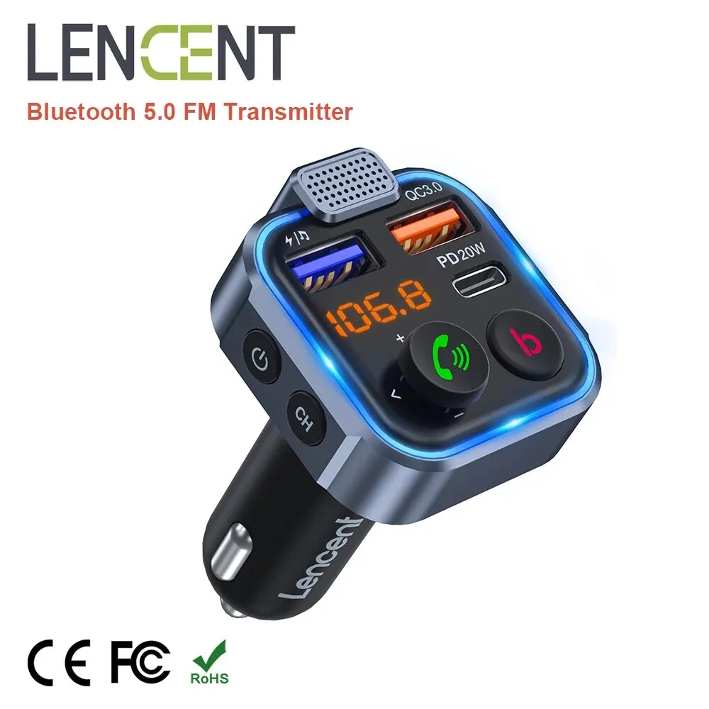 LENCENT FM Transmitter Wireless Bluetooth 5.0 Handsfree Car Kit Audio MP3 Player With Type-C PD 20W+ QC3.0 Fast USB FM Modulator