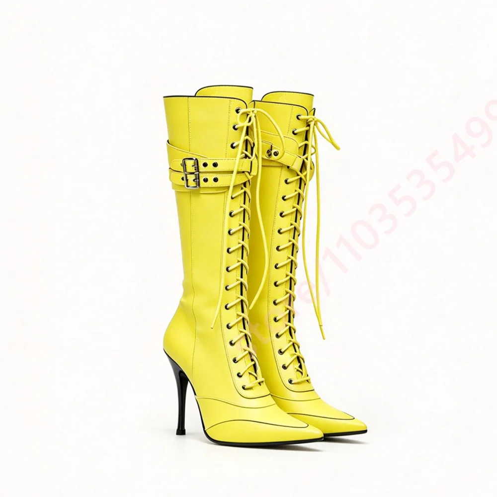 Elegant Women Bright Knee High Long Boots Pointed Toe Front Lace Up Stiletto Heel Double Buckle Straps Side Zip Dress Club Boots