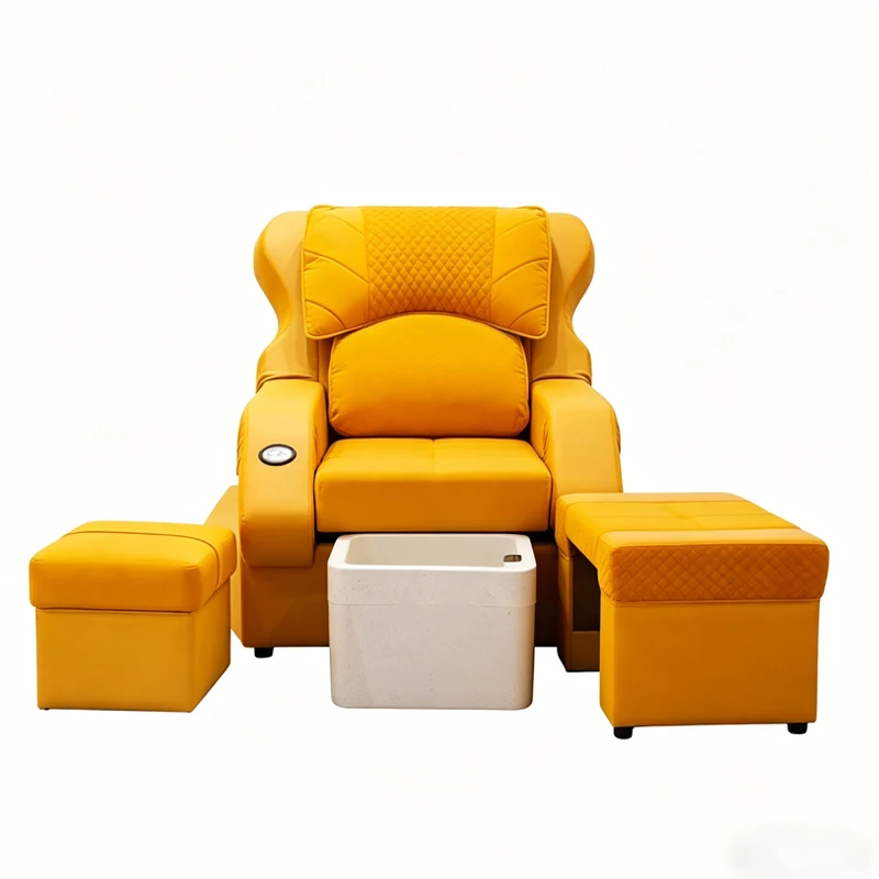 2026 New Yellow Velvet Pedicure Spa Chair Set with Foot Basin & Ottomans, Split-Type Foot Massage Chair for Nail Salon & Spa