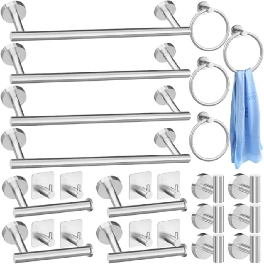 

Bathroom hardware set: stainless steel, silver, for wall-mounted useincludes 16'' towel bar, towel rings, robe hooks, toilet pa