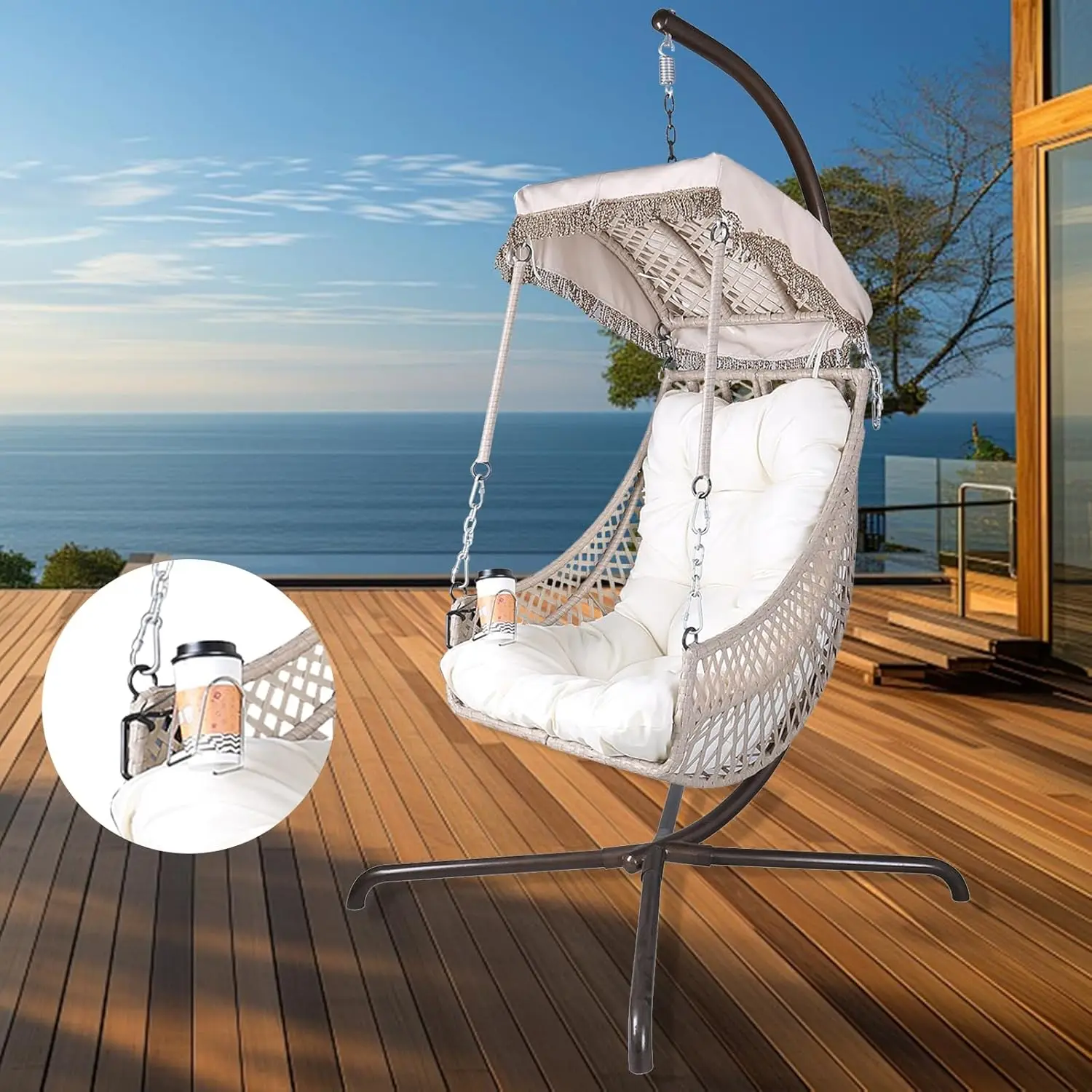 Sturdy Swing Egg Chair With Stand, Indoor Outdoor Wicker Rattan Hammock With Sunshade And Cushion, Height Adjustable Egg