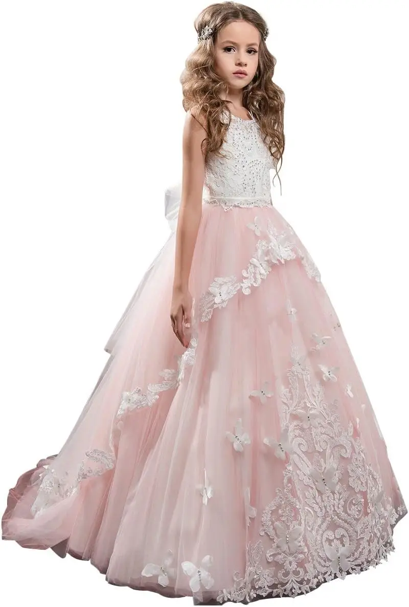 Vestido de menina de flor infantil, vestido de baile de chiffon com contas de renda, vestido de festa de formatura de princesa, vestido de comunhão de Halloween
