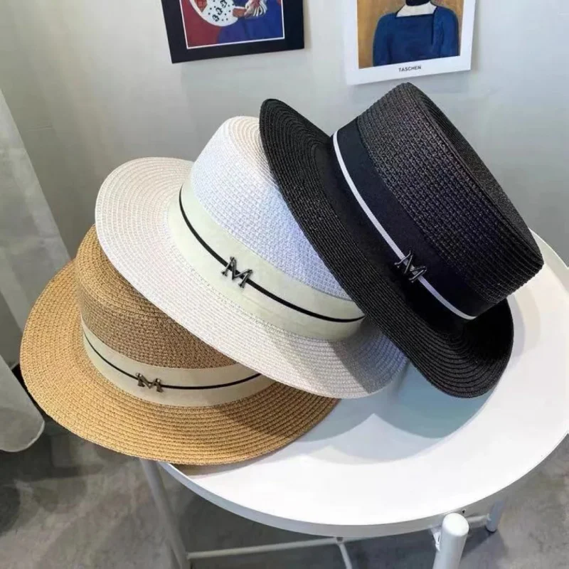 Custom Logo Women's Summer Sun Paper Braid Sombreros Flat Boater Straw Hat Cap for Fishing Travel Casual Outings