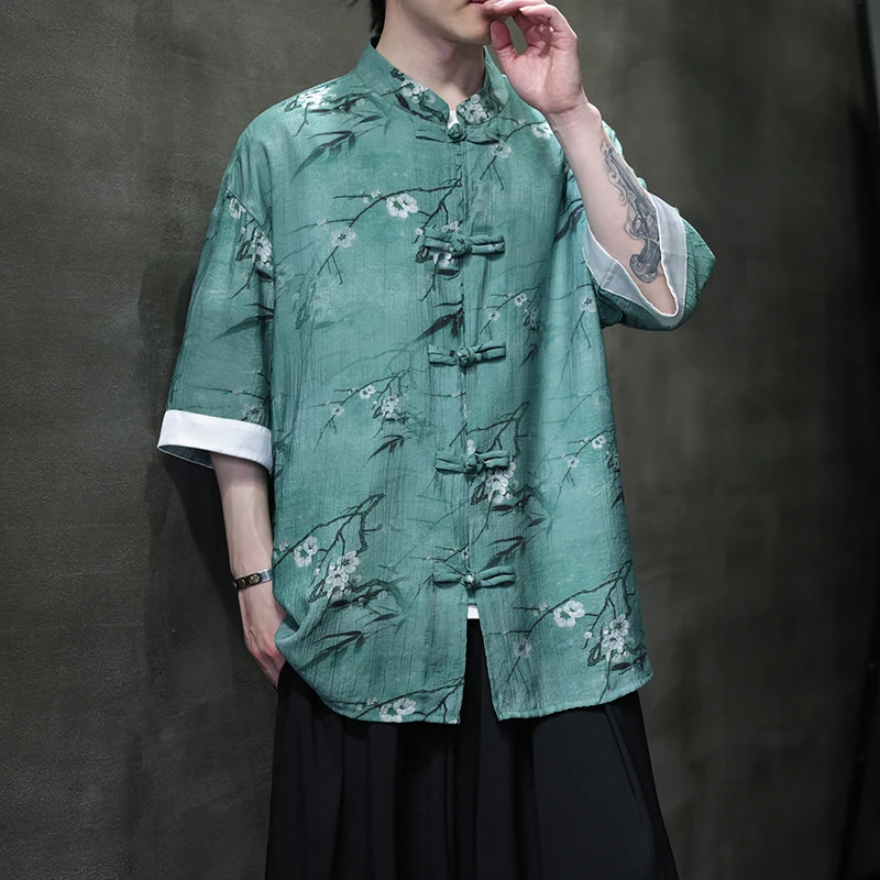 남성 빈티지 셔츠 남성 스탠드 칼라 중국 스타일 셔츠 남성 하프 슬리브 셔츠 여름 남성 꽃 패턴 전통 셔츠