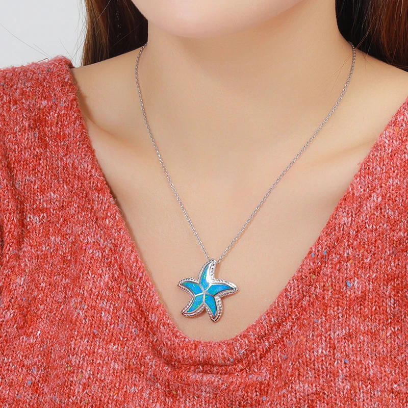 MYOP True 925 Sterling Silver Opal Necklace Minimalist Style Lovely Starfish Pattern Design Jewelry Gifts 