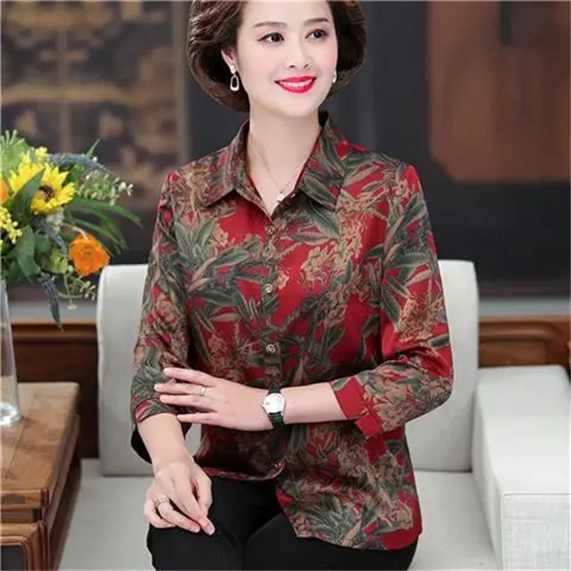 

2025 Summer New Xiang Yun Sha Middle aged and Elderly Shirt Women's Seven Sleeve Top Loose Old Lady Shirt Thin Women