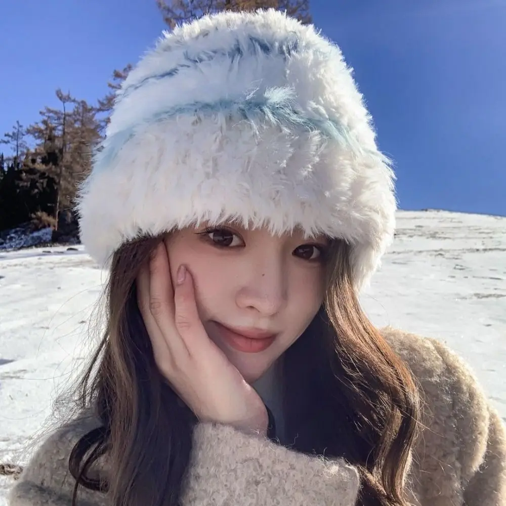 Faux Fur Bucket Hat Cold Protection Ear Protection Women Knitted Beanie Korean Style Thick Warm Pull On Cap Daily Outdoor