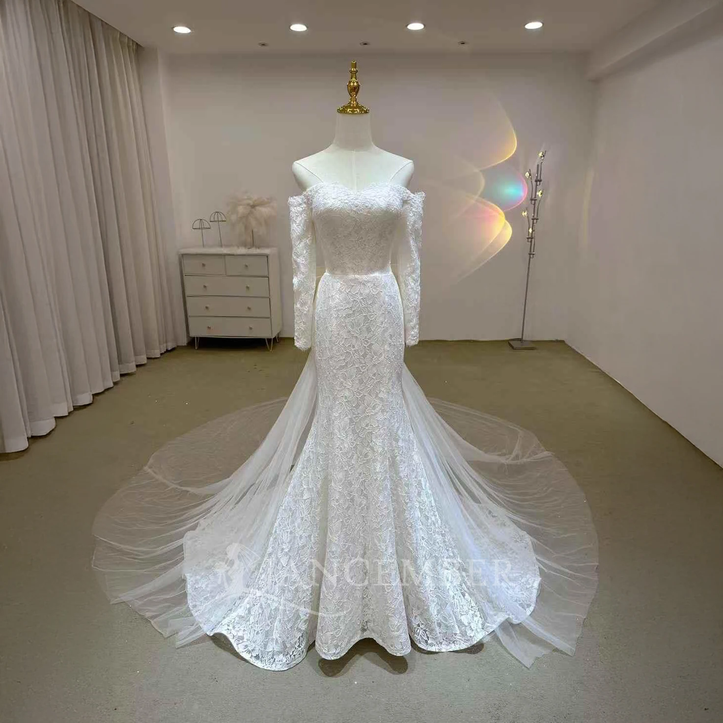 

Customized Exquisite Shiny Women Boat Neck Wedding Dress Princess Bridal Gown Mermaid Lace Up Back Long Sleeves Vestido De Novia