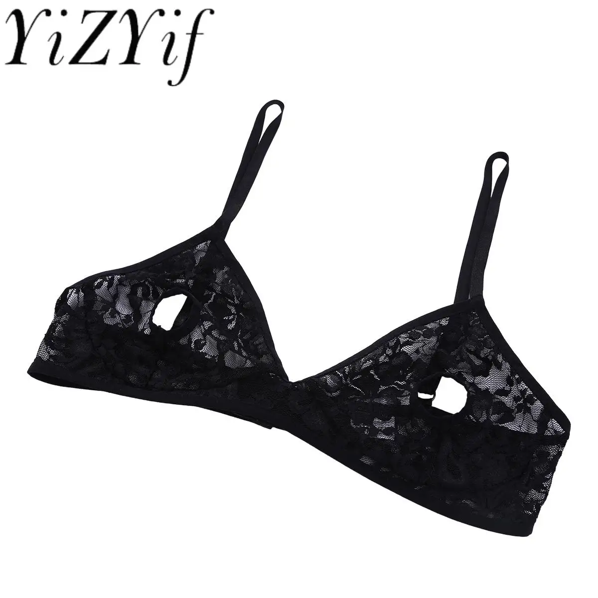 Women Lingerie Sheer Sexy Lace Floral Open Nipples Bra Top Wire-free Unlined Triangle Cup Hollow Out Straps Bra Bralette Vest