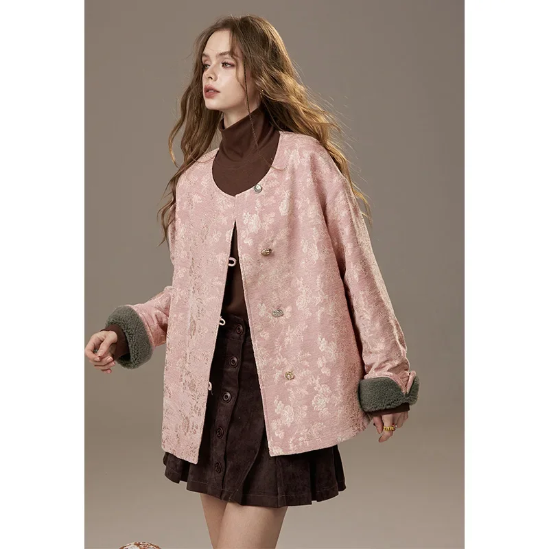 ELFSACK Casual Elegant Shearling Panel Embroidery Oriental Puffer Jacket For Woman