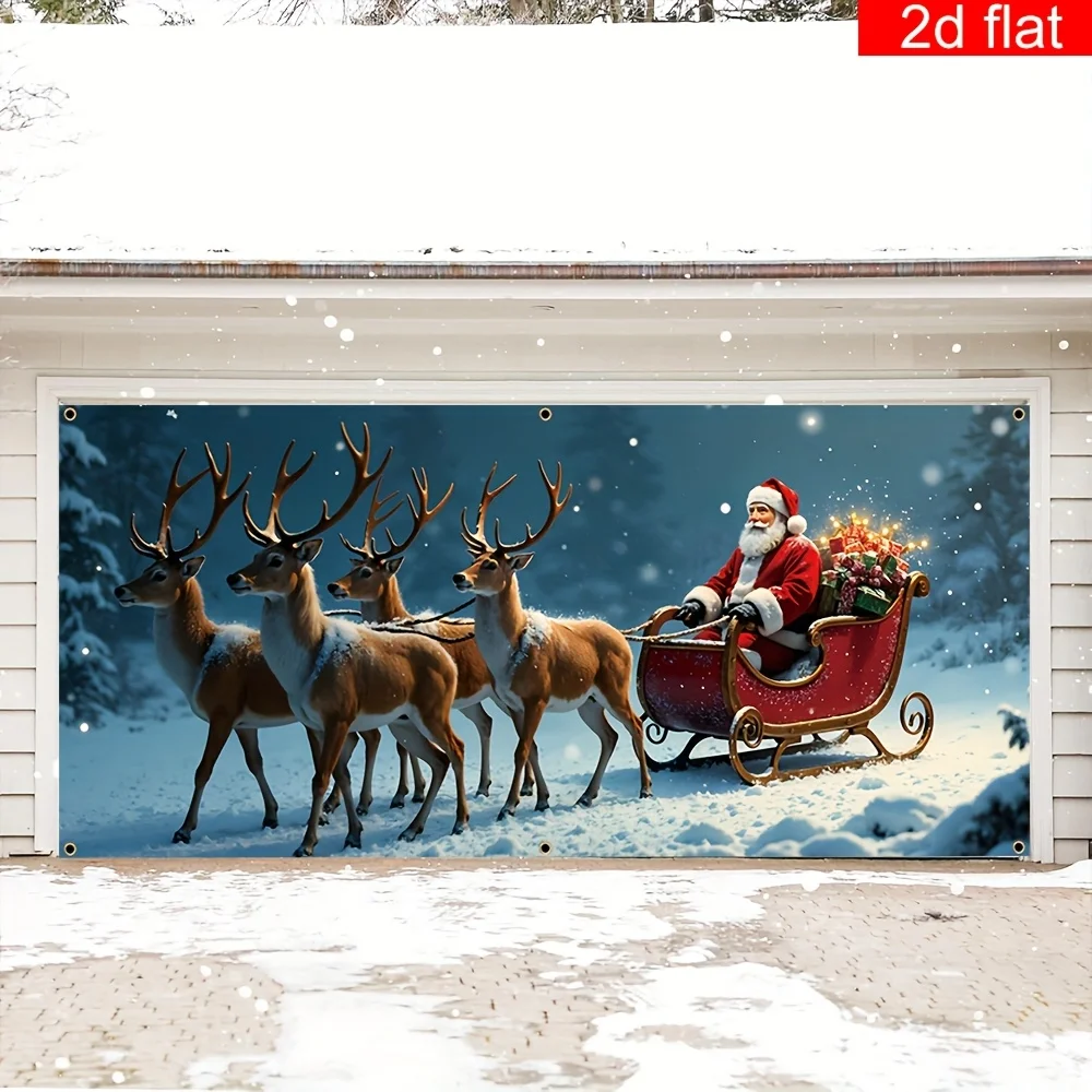 2D flat 1 polyester Christmas garage banner - Santa Claus and reindeer design, suitable for Christmas Eve party decoration
