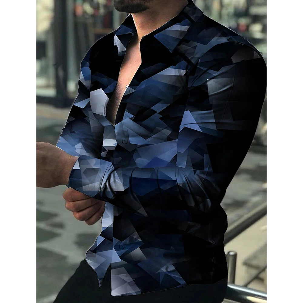 Fashion Luxury Men Shirt Single Breasted Shirt Casual Digital Splicing Printed Long Sleeve Tops Men\'s Clothing Hawaiian Cardigan