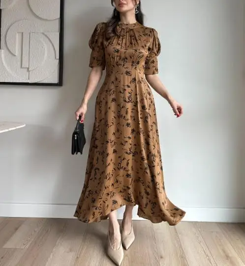 

Women's clothing 2025 new style fashionable and elegant temperament satin printed lace up dress, waist cinching long skirt