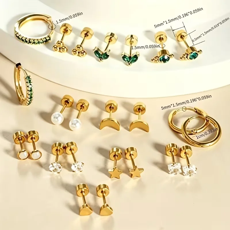 316L Edelstahl 12 Paar Hypoallergene Herz-Stern-Ohrstecker Schrauben-Kugel Runde Ohrringe für Damen Ohrknorpel-Piercing – Detail 4