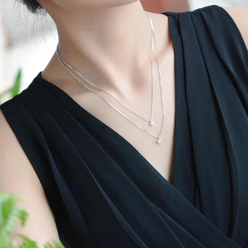 Somilia Stackable Double Star CZ Necklace 925 Sterling Silver Shiny Round Stone Ladies Birthday Gift