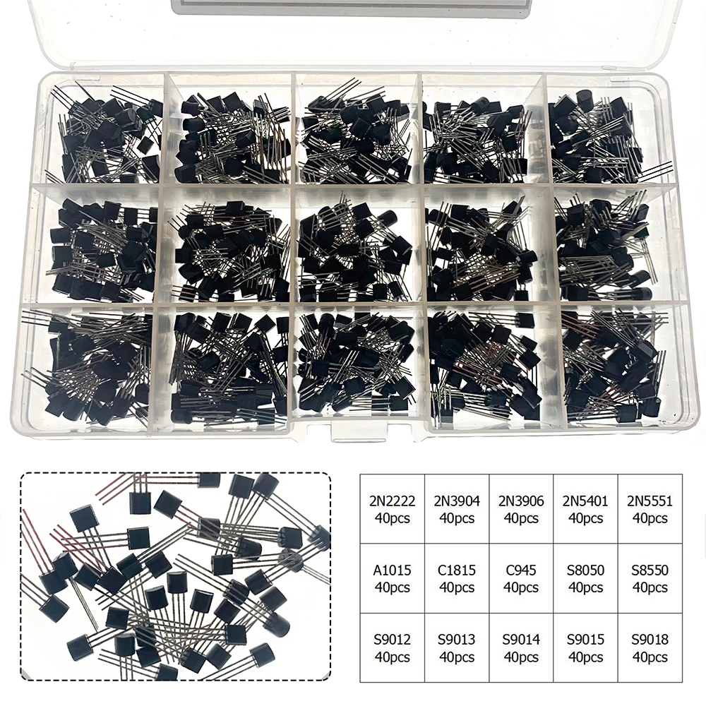 600Pcs 15 Kinds Transistor Assortment Kit A1015 C1815 C945 S8050 S8850 2N2222 2N3904 PNP NPN Transistors for DIY