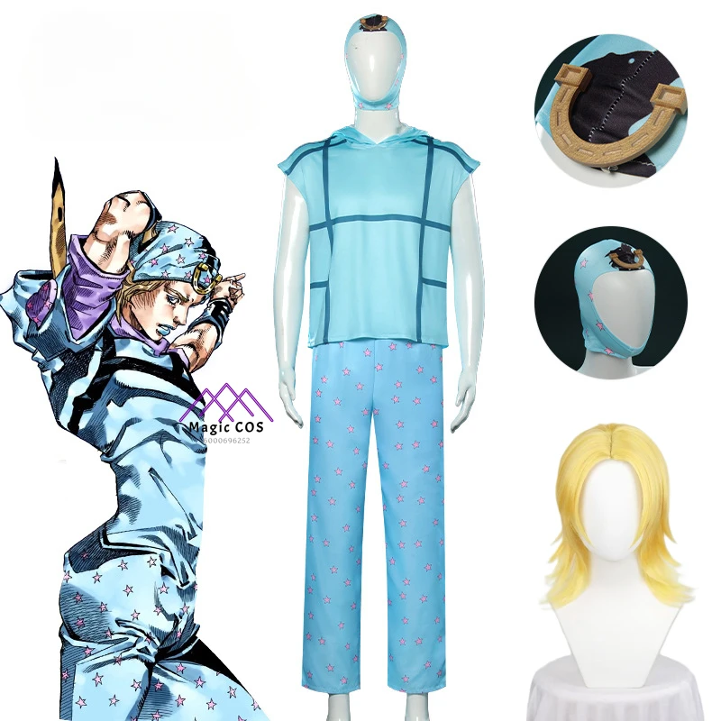 Anime Jojo's Johnny Joestar Cosplay Costume for Men Women Blue T-Shirt Uniform Suit Halloween Costume Suit Clothes Comic-Con