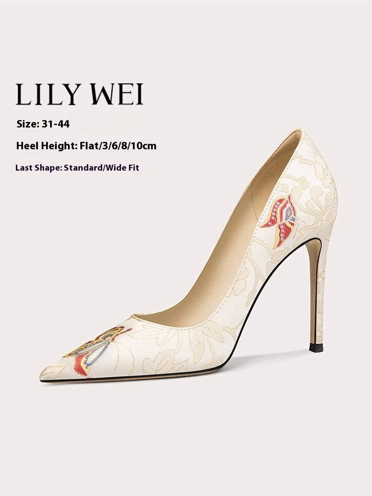 

Spring new pointed shallow embroidered printed cloth widened flat shoes thin high heel banquet large size small size women shoes