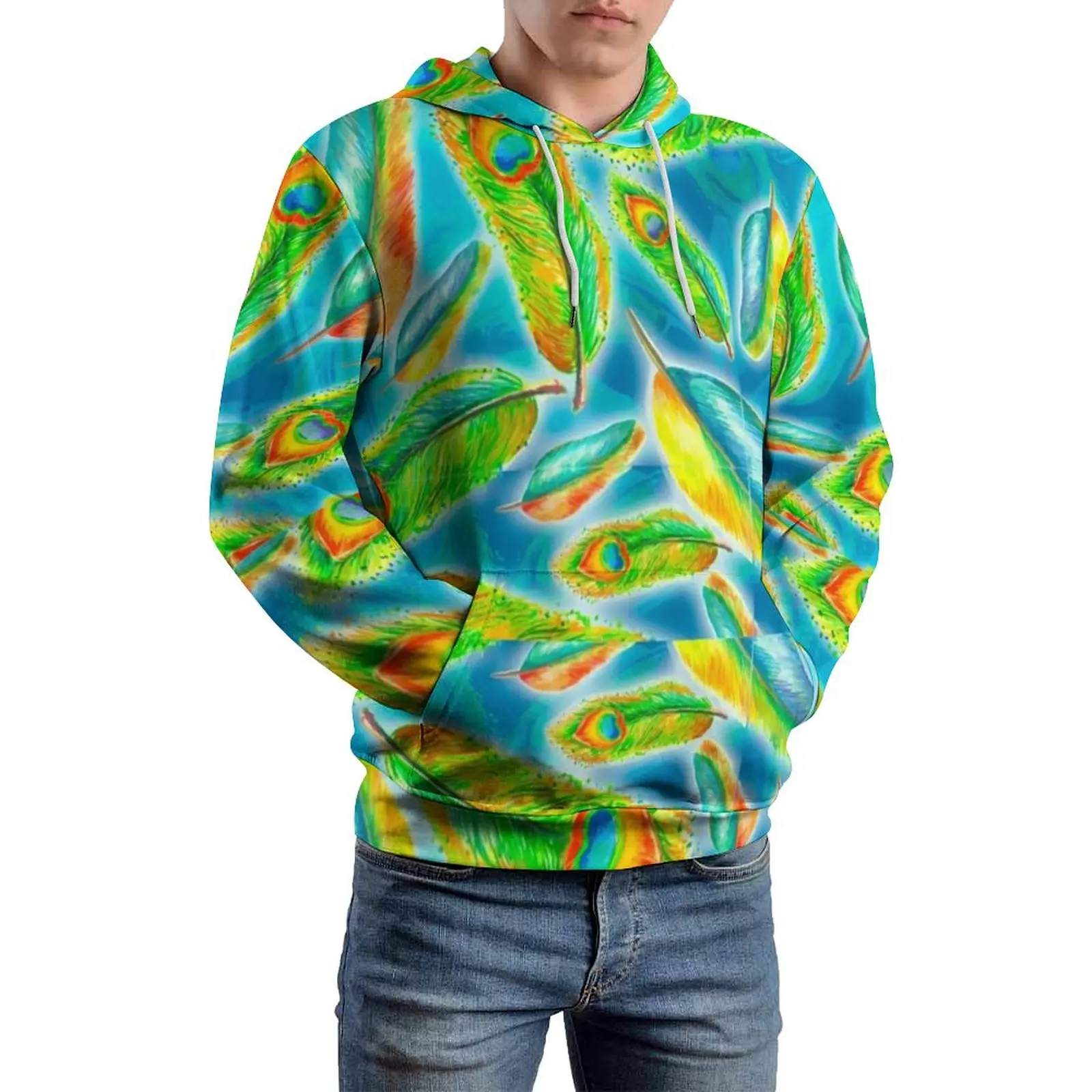 Colorful Peacock Feather Loose Hoodies Animal Print Street Style Hoodie Unisex Long Sleeve Pretty Hooded Sweatshirts Large Size