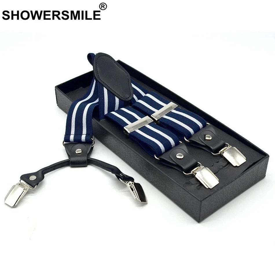 SHOWERSMILE Red White Blue Striped Suspenders for Pants Men Elastic High Quality Braces 4 Clips Belt 3.5*120cm Navy Suspender