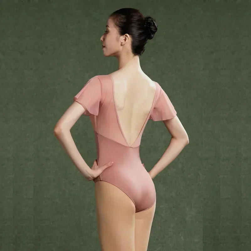 

New Ballet Leotard Women Ruffles Sleeve Mesh Splice V Back Leotards Gymnastics Swimwear Dance Costume Ballerina Dancewear