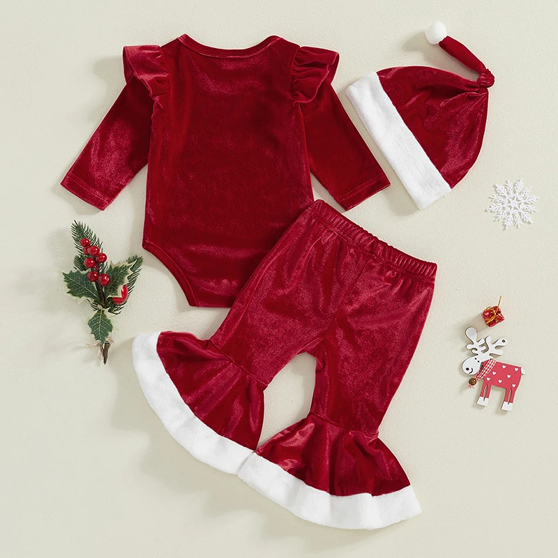 Baby Girl Christmas Outfits Letter Print Long Sleeves Jumpsuit with Flare Pants and Hat 3 Pcs Set