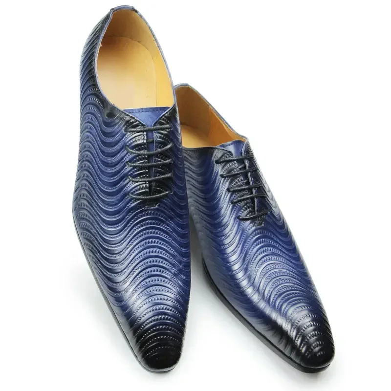 Men Shoes Luxury Oxford Shoe Genuine Leather Handmade Black Blue Prints Lace Up Pointed Toe Wedding Office Formal Dress Men Shoe